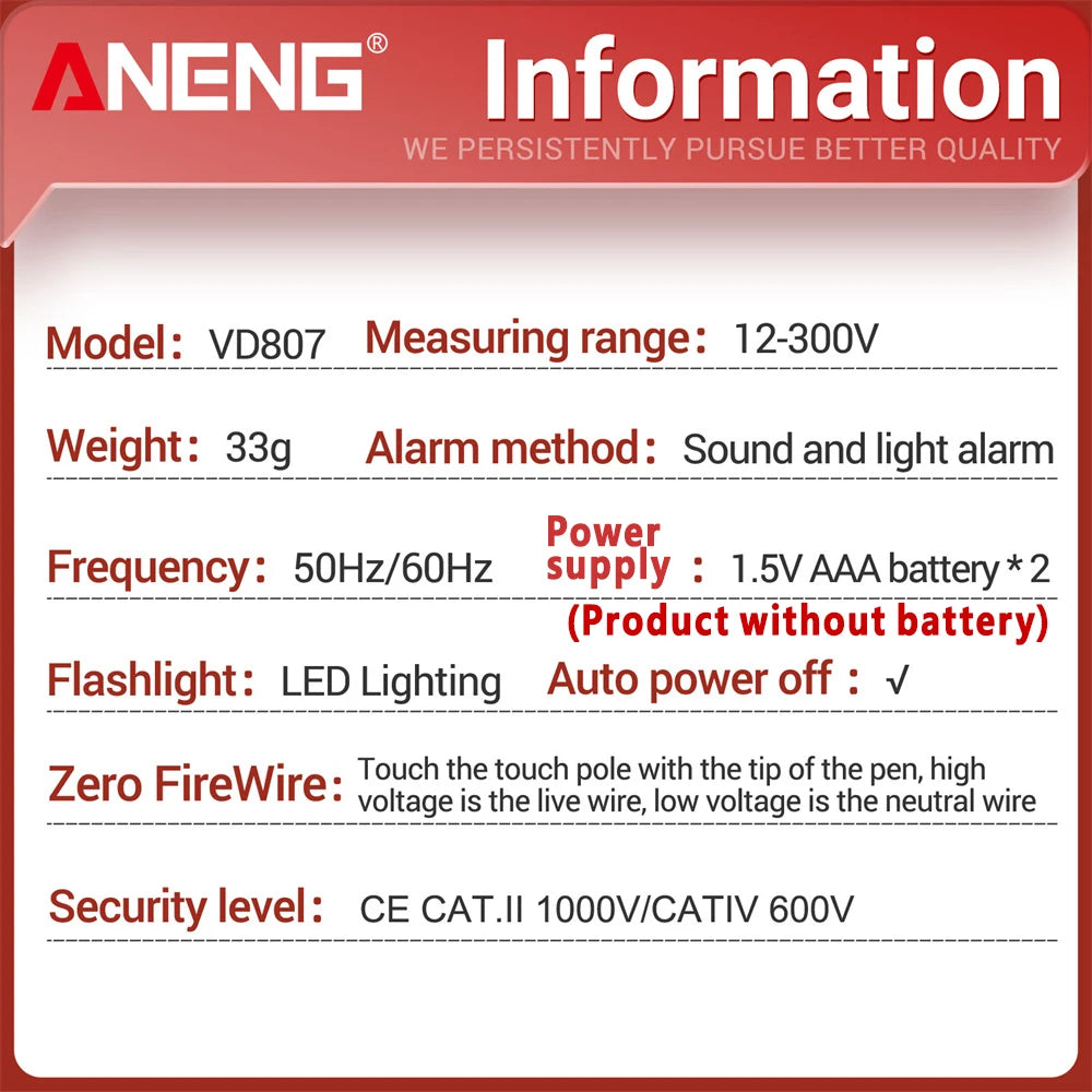 ANENG VD807 testeur d'induction à un mot Portable 50/60Hz stylo électrique intelligent capteur NCV AC 12-300V outils de détection de fil sans contact
