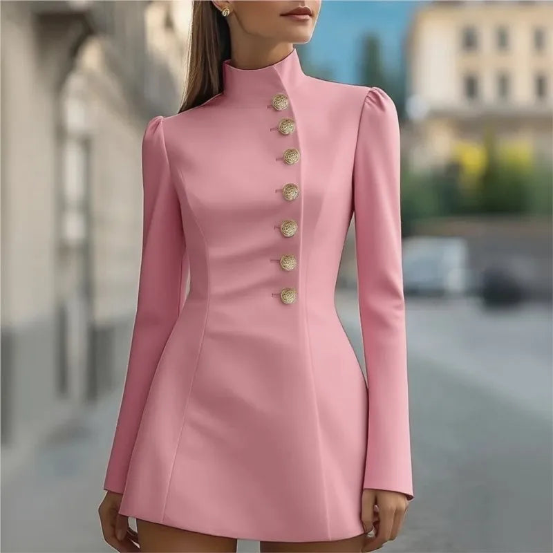Robe rétro à manches longues avec boutons en métal pour femmes, élégante, col haut, courte