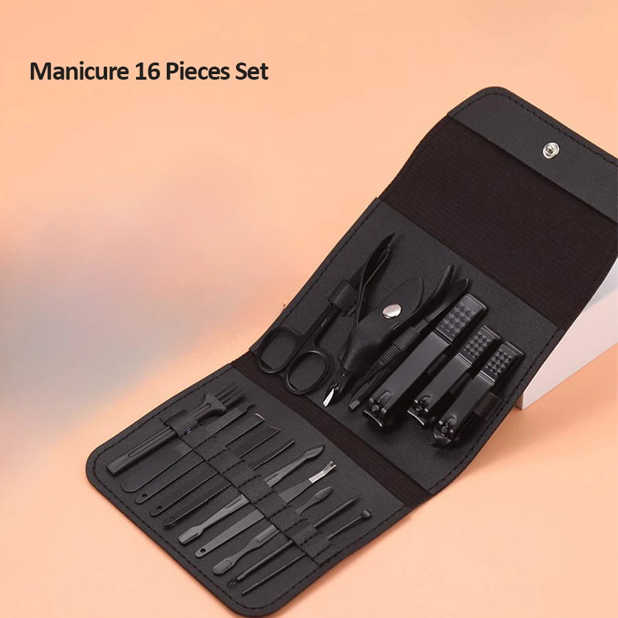 Kit de toilettage des ongles de qualité supérieure, 16 pièces, pour la maison, tondeuses en acier inoxydable, ensemble de pédicure et étui de voyage inclus, ensemble de manucure