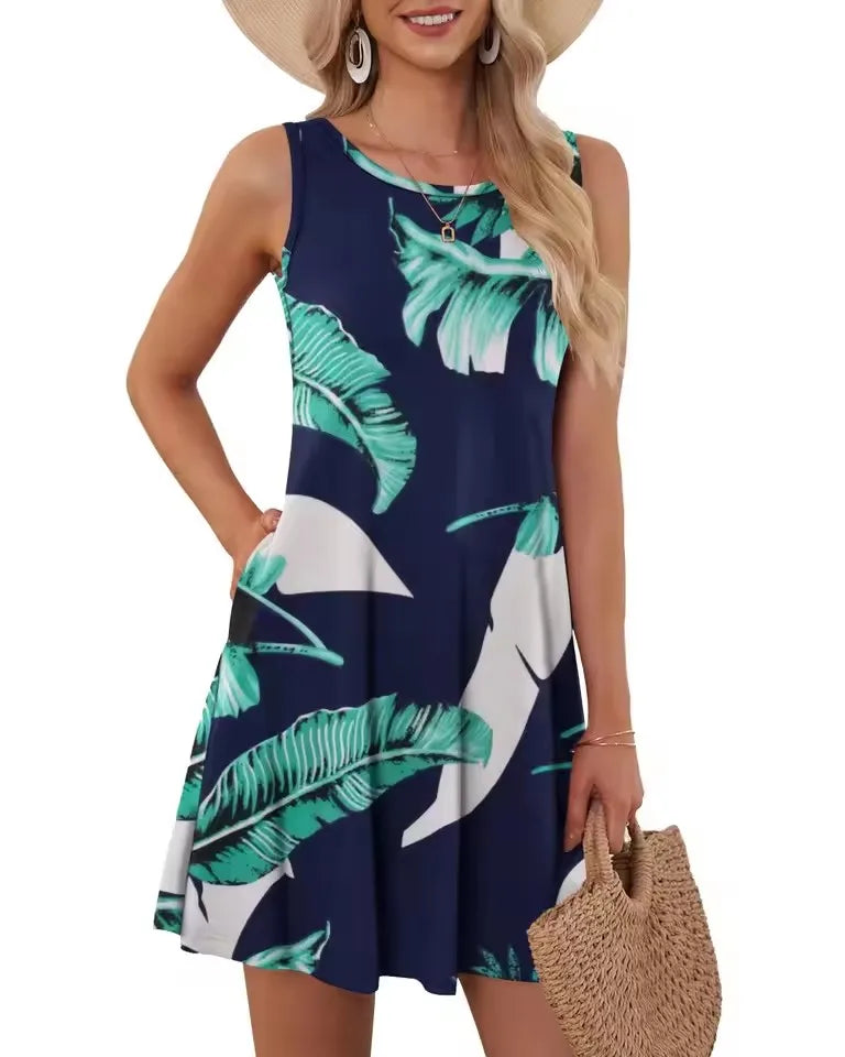 Mini robe trapèze rétro à col rond pour femmes, robes d'été pour femmes, poche en fibre, imprimé floral, glacé, précieux, décontracté