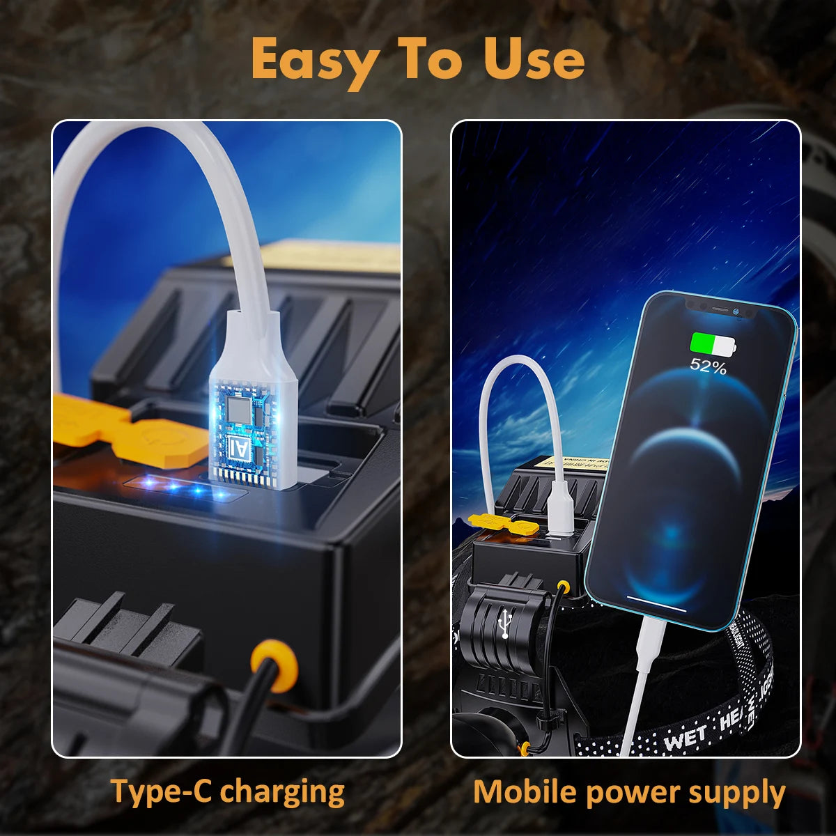 Lampe de poche LED aste super lumineuse, lampe frontale portable, extérieur, chasse, camping de pêche