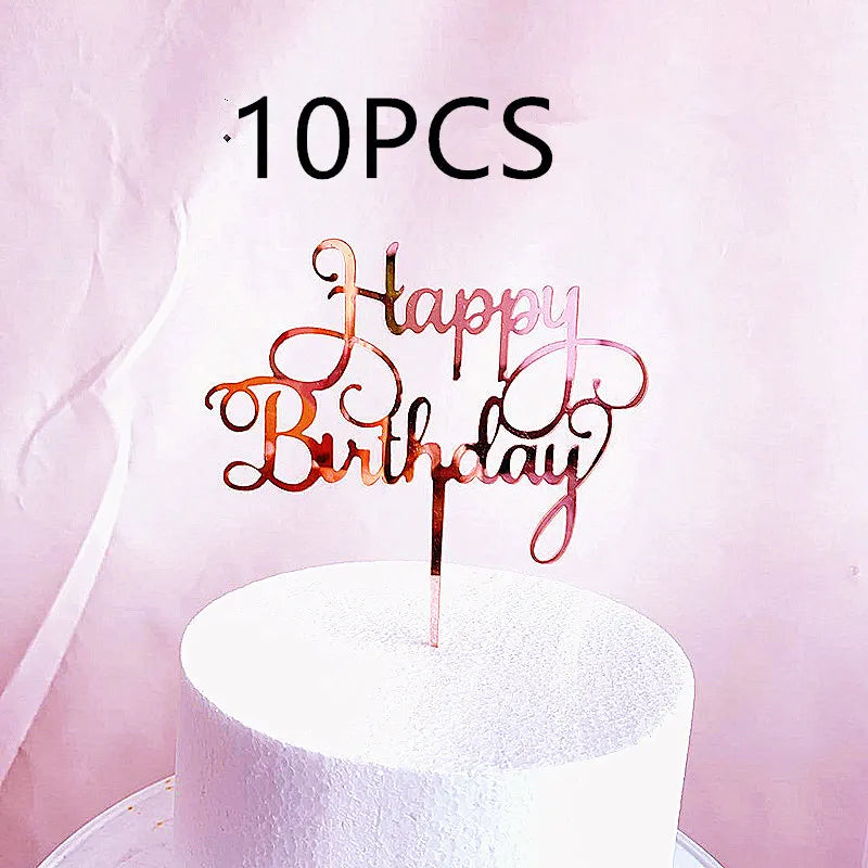 Décoration de gâteau joyeux anniversaire en or Rose, 10 pièces, argent noir, Design Simple, décoration de gâteau en acrylique, décoration de Dessert pour fête prénatale