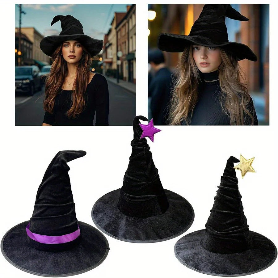 Chapeau de sorcière froissé pour Halloween, chapeau de sorcière en velours noir, costume de sorcière, accessoires de maquillage, décorations de chapeau