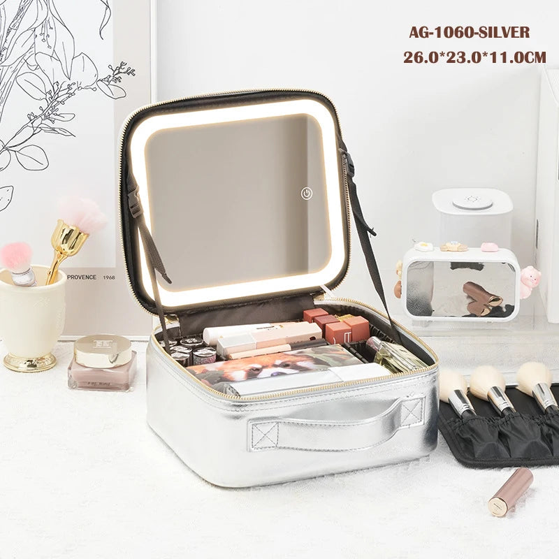 Boîte de rangement de voyage Portable pour cosmétiques, avec sacs de vanité rechargeables Led 2000mAh, étui de maquillage avec miroir lumineux Led