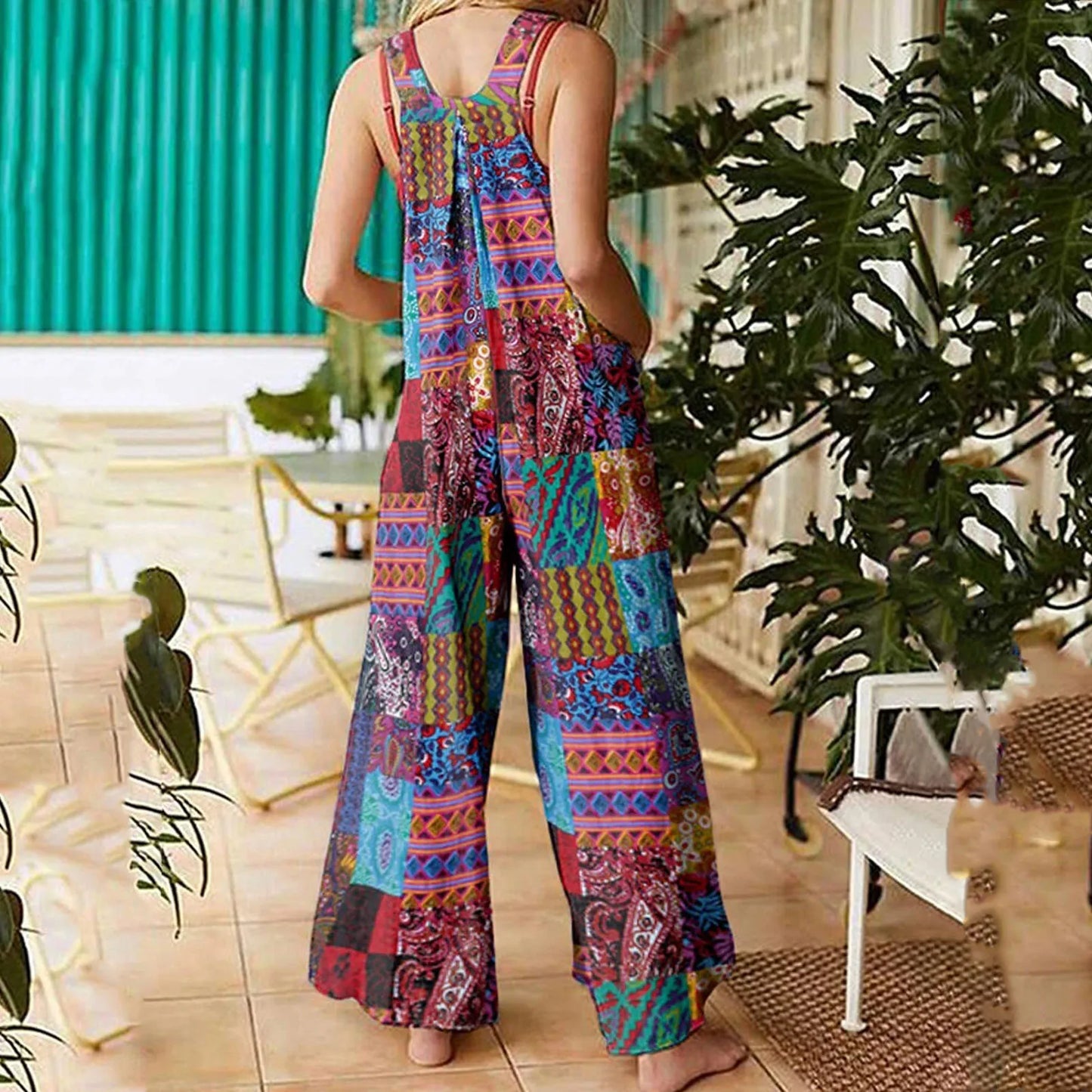 Combinaisons d'été pour femmes, salopette multicolore style ethnique, col carré, barboteuse décontractée avec poches pour filles