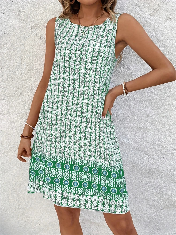 Robe courte d'été pour femmes, longueur aux genoux, style bohème, Vintage, imprimé, col rond, décontractée, confortable, robe de plage, sans manches, 2025