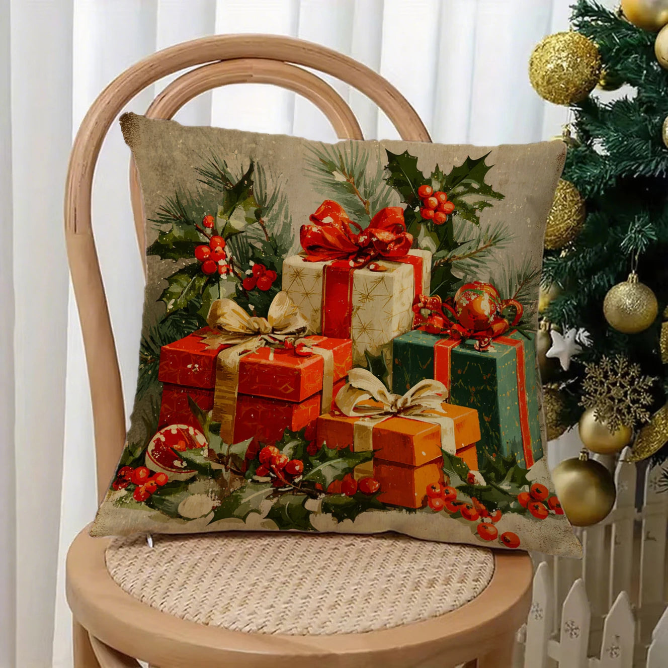 Housse de coussin décorative aux motifs festifs de Père Noël et bonhomme de neige