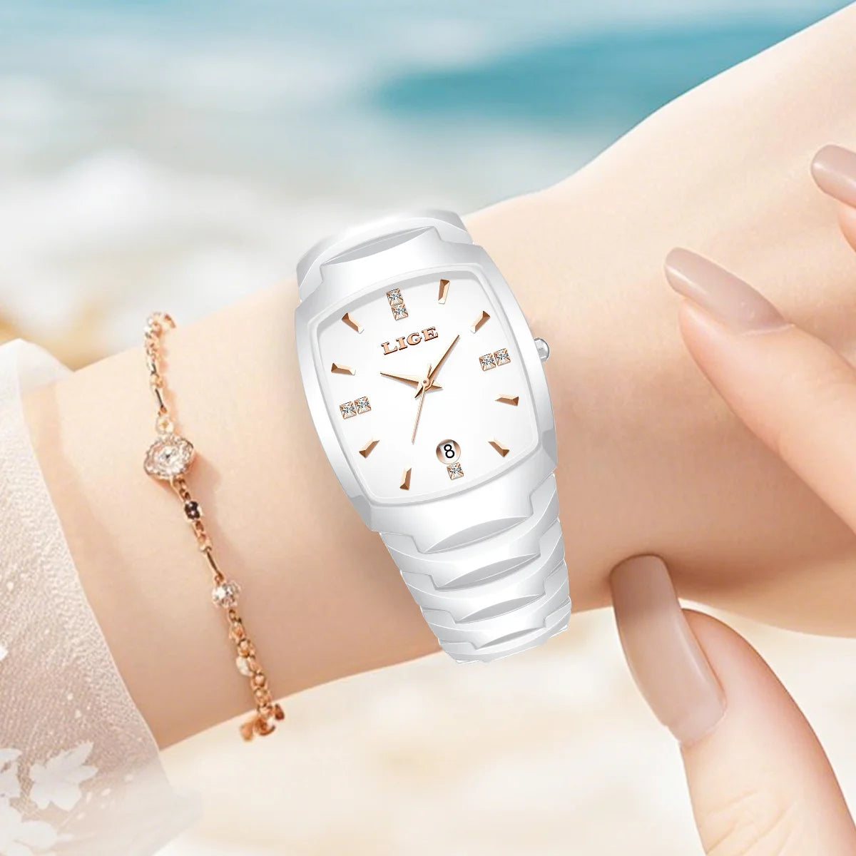 LIGE décontracté élégant femmes montre mode blanc bracelet en céramique calendrier montre à Quartz étanche affaires de luxe cadeau dames montres