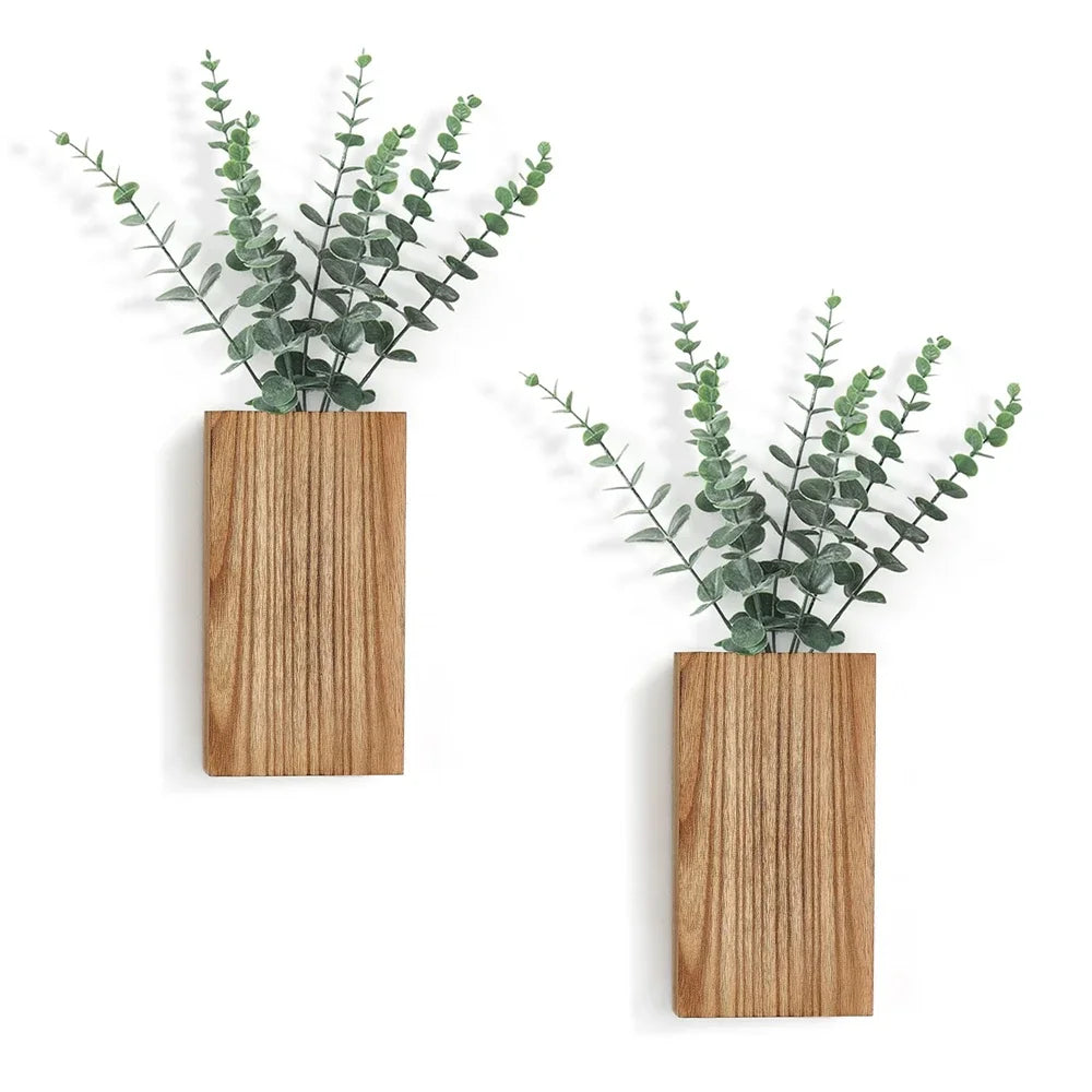 Jardinière murale en bois de ferme, paquet de 2 Vase suspendu avec fausses fleurs séchées d'eucalyptus, décor pour salon, chambre à coucher, maison