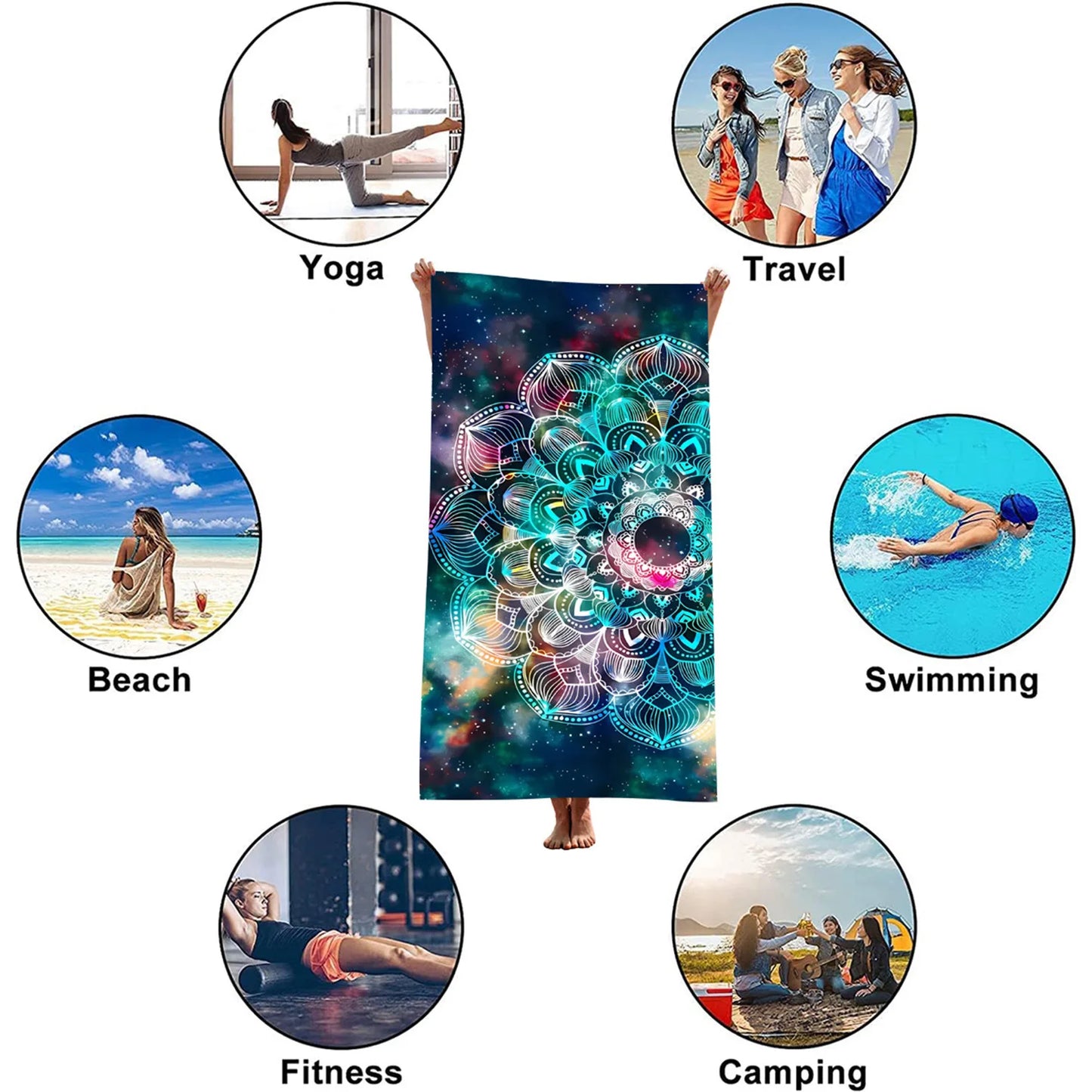 Serviette de plage imprimée numériquement Mandala, absorbant l'eau, séchage rapide, microcarence de natation, carré antistatique