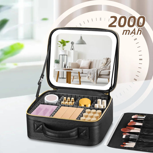 Boîte de rangement de voyage Portable pour cosmétiques, avec sacs de vanité rechargeables Led 2000mAh, étui de maquillage avec miroir lumineux Led