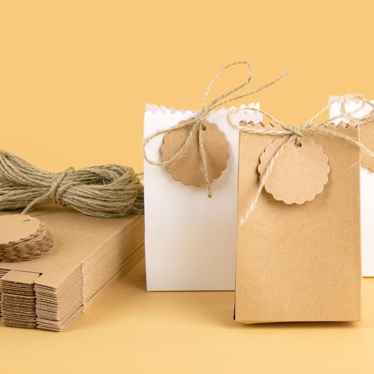 Boîte-cadeau rétro en papier Kraft, 10 à 30 pièces, sac d'emballage de bonbons pour biscuits blancs et bruns avec étiquettes en corde