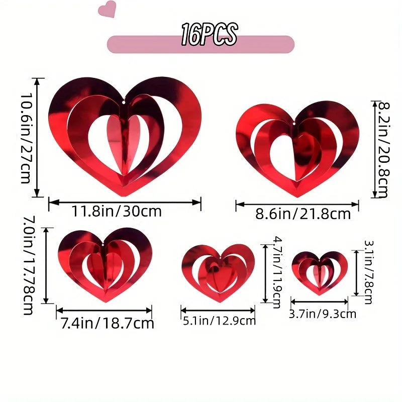 Ornements en spirale en forme de cœur pour la saint-valentin, 16 pièces, pendentifs suspendus d'amour rouge