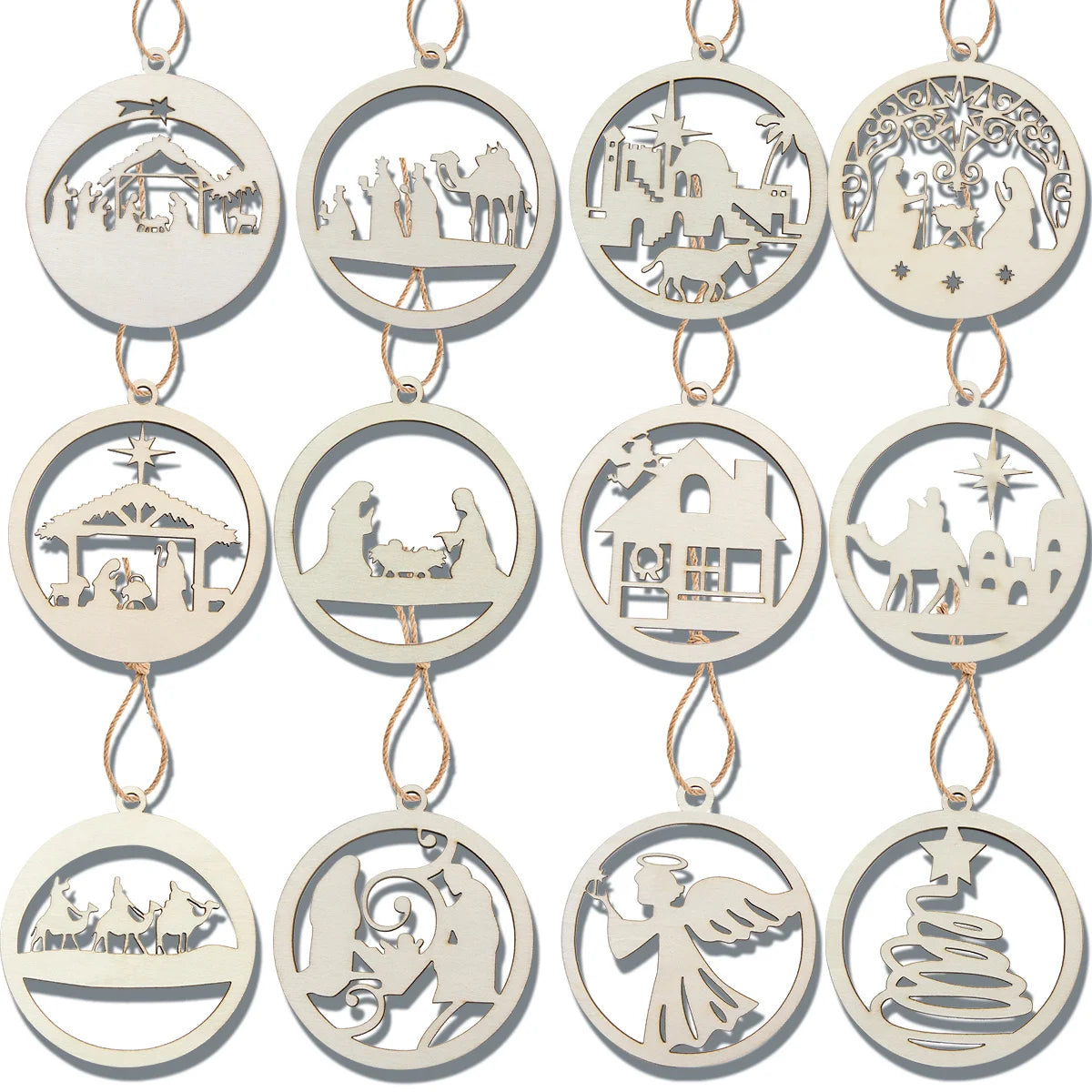 Pendentif Noël en bois avec boule - 12 pièces