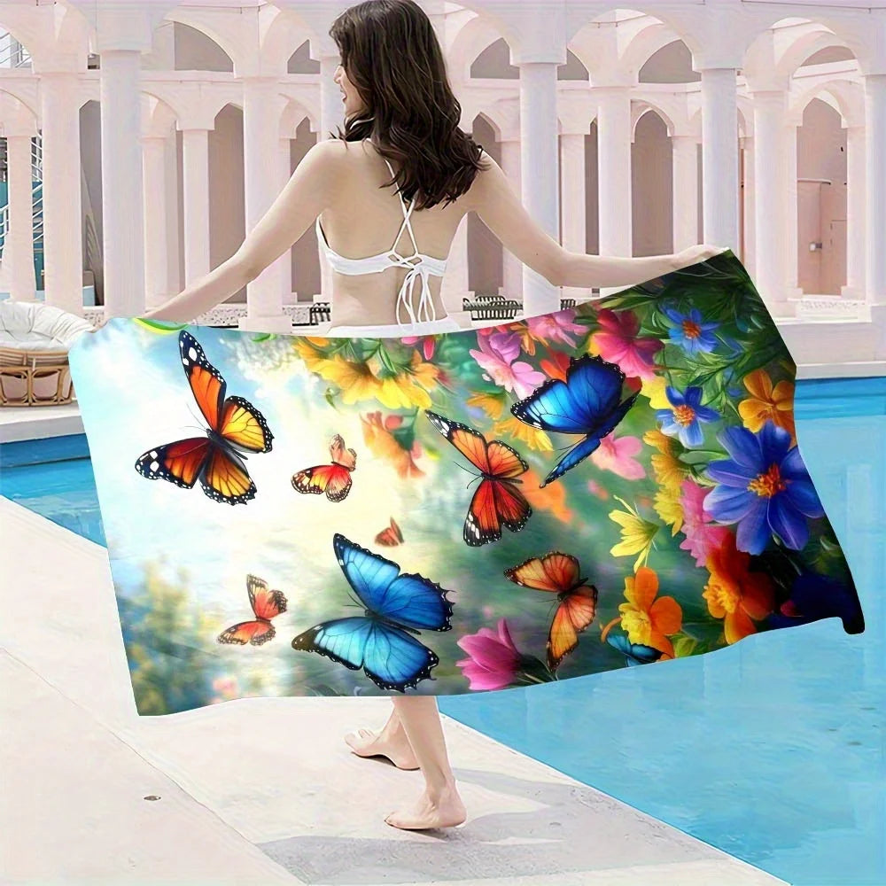 Serviette de plage motif papillon et fleur, protection solaire et coupe-vent, adaptée à la plage, piscine, camping, voyage, couverture de plage