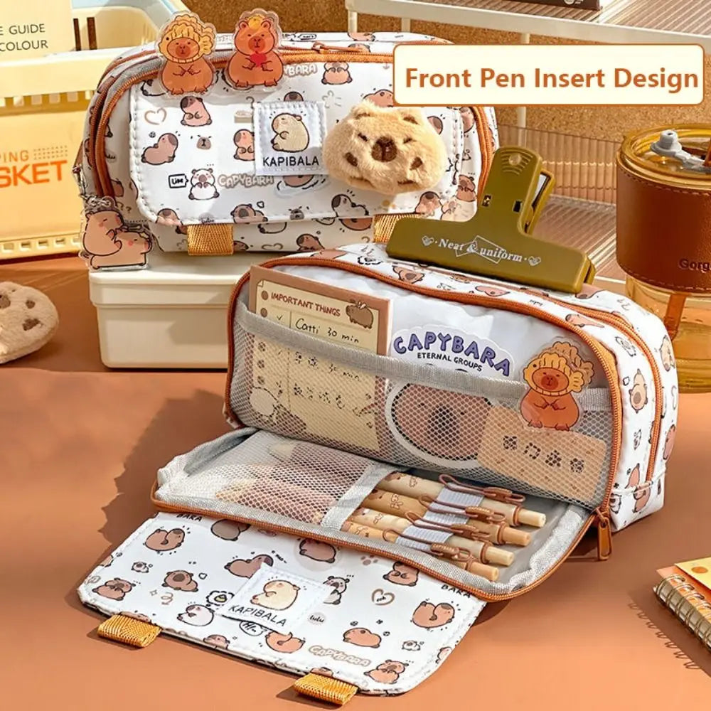 INS Capybara – sac à stylos à quatre couches de grande capacité, trousse à crayons de dessin animé mignon, organisateur de papeterie