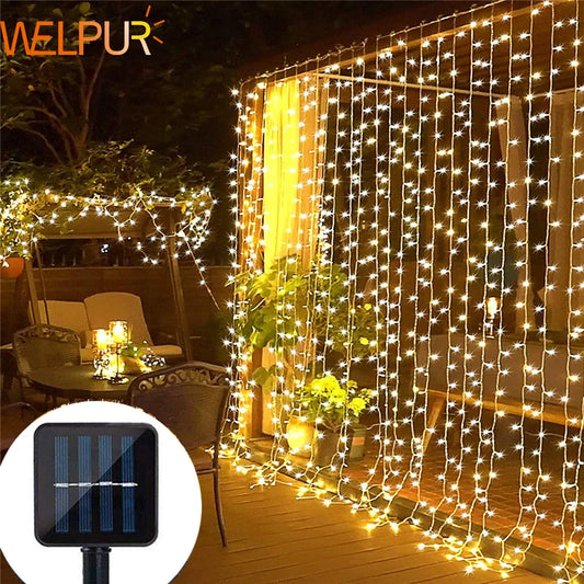 Rideau Lumineux Solaire à 300LED pour l'Extérieur, Décoration Étanche, Guirxiété Lumineuse de Noël
