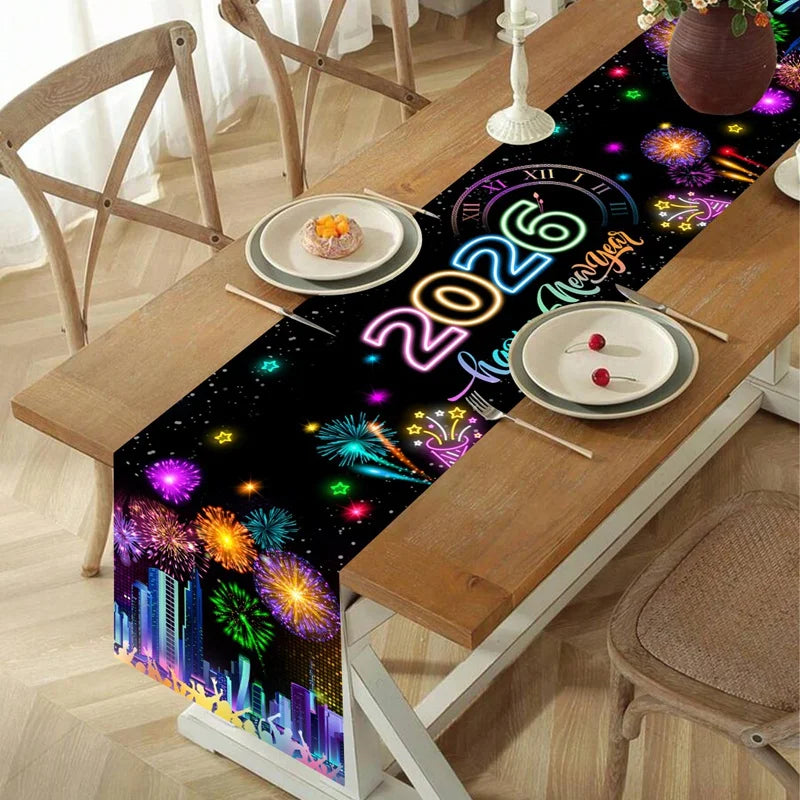 Chemin de Table bonne année 2026, feux d'artifice, Champagne, couverture de Table en Polyester pour fête du nouvel an, décorations de Table à manger