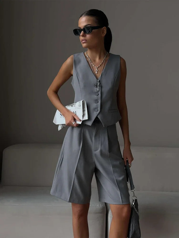 Ensemble deux pièces pour femmes, Slim, court, col en V, gilet sans manches, hauts Y2k, taille haute, ensembles assortis, Short élégant, Streetwear, été