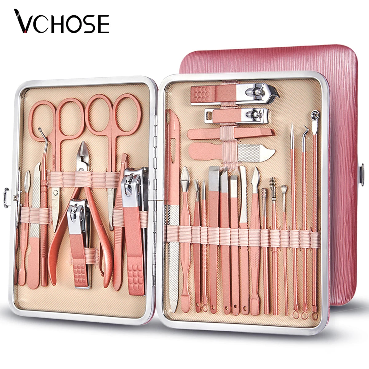 7/16/28 pièces ensemble de coupe-ongles ensemble de manucure professionnel ciseaux de pédicure en acier inoxydable outil de toilettage avec étui de voyage rose