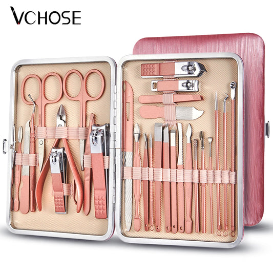 7/16/28 pièces ensemble de coupe-ongles ensemble de manucure professionnel ciseaux de pédicure en acier inoxydable outil de toilettage avec étui de voyage rose