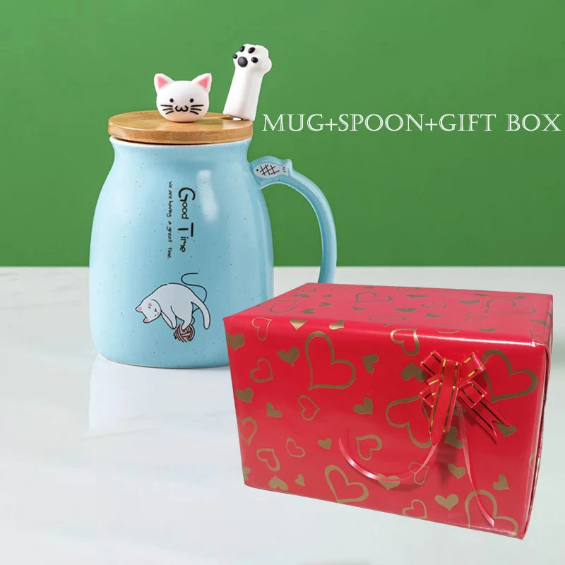 Tasse résistante à la chaleur pour chat, couleur créative, dessin animé avec couvercle, tasse de 450ml, chaton, café, tasses en céramique, tasse pour enfants, verres de bureau, cadeau