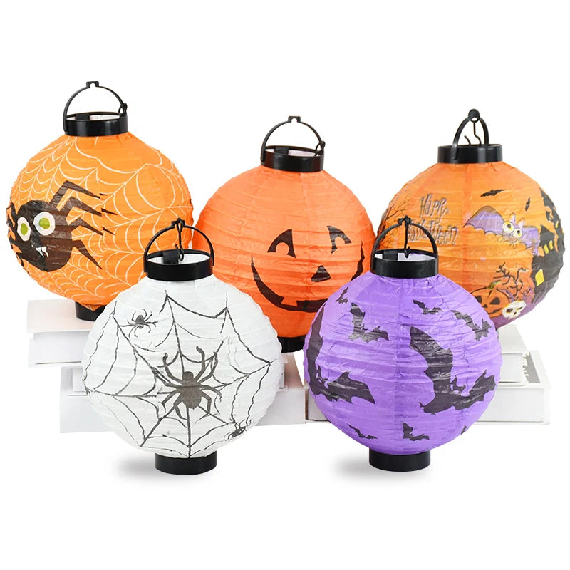 Lanterne LED en papier citrouille pour Halloween, lanterne suspendue avec impression de crâne d'araignée et de chauve-souris, décoration extérieure pour Festival, fête, maison, jardin