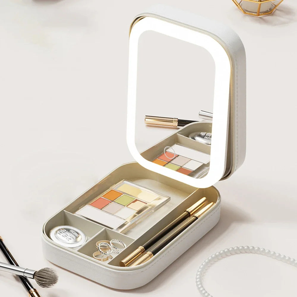 Boîte de rangement de maquillage miroir LED, étui de maquillage de voyage Portable, sac à cosmétiques, boîte de rangement de maquillage de grande capacité, accessoires de maquillage