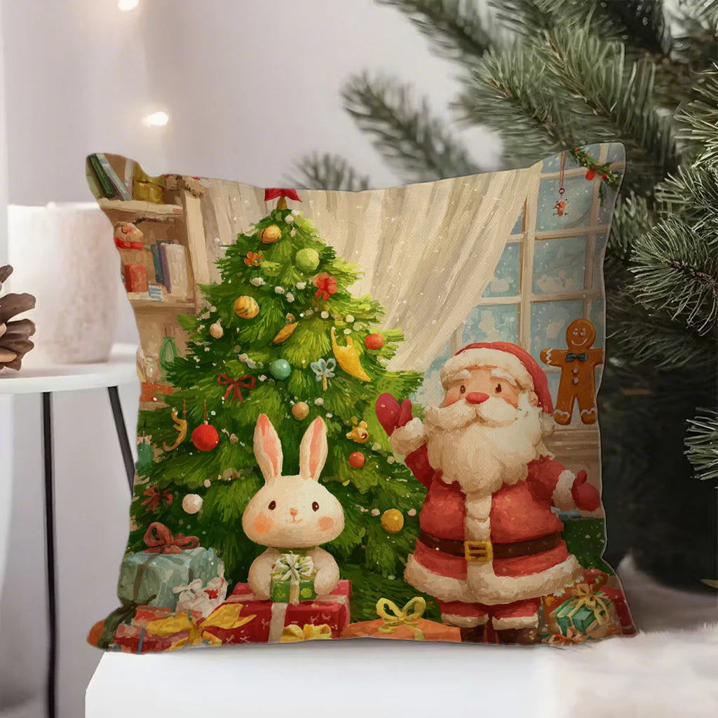 Housse de coussin décorative aux motifs festifs de Père Noël et bonhomme de neige