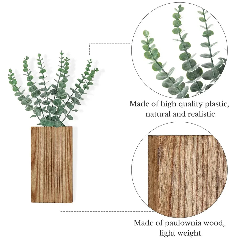 Jardinière murale en bois de ferme, paquet de 2 Vase suspendu avec fausses fleurs séchées d'eucalyptus, décor pour salon, chambre à coucher, maison