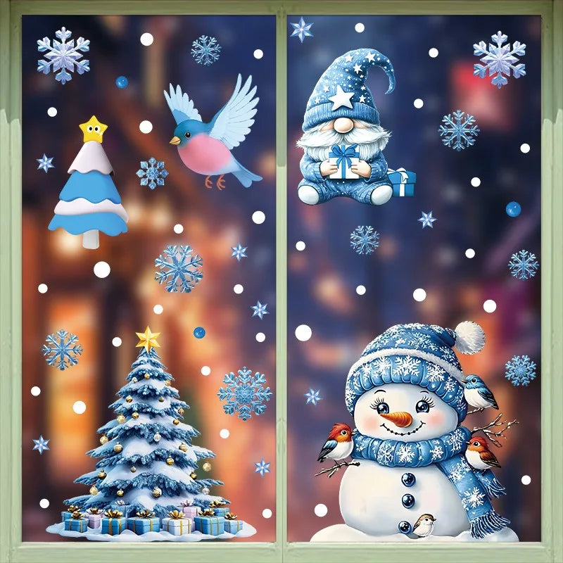 Autocollants de fenêtre de noël, bonhomme de neige d'hiver, père noël, flocon de neige, élan, autocollants statiques, ornements en verre, décor de joyeux noël