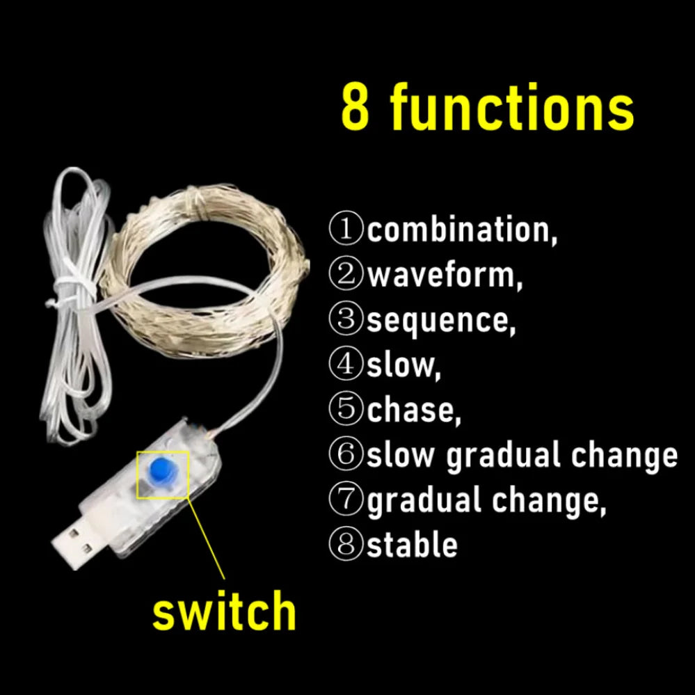 Guirlande lumineuse féerique Led en fil d'argent, alimentée par USB, étanche, pour l'extérieur, pour fête de noël, mariage, décoration DIY