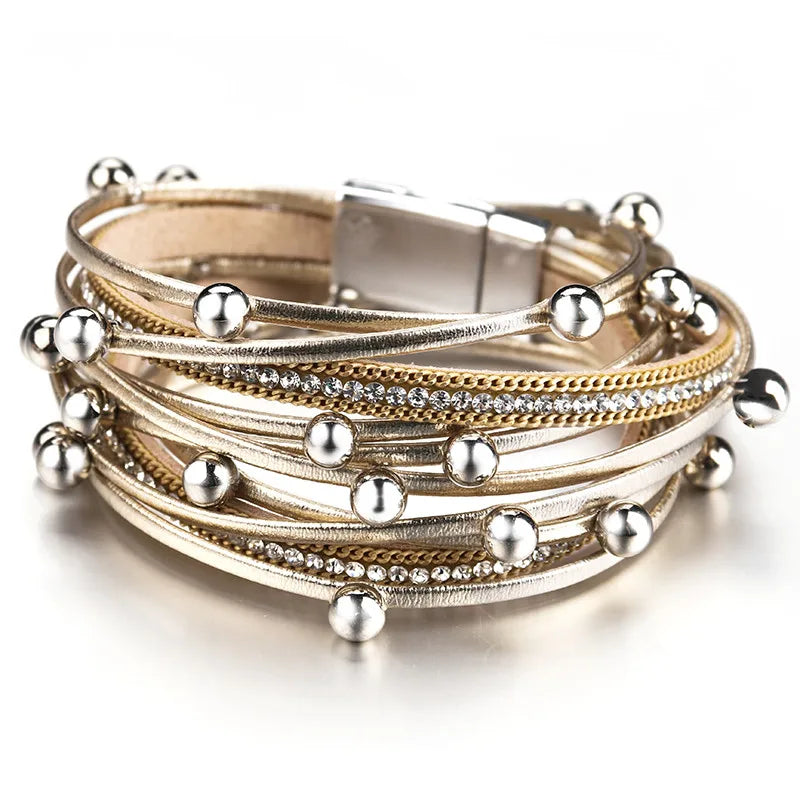 ALLYES – Bracelets en cuir à breloques en perles métalliques pour femmes et hommes, chaîne en cristal, bohème, multicouche, bijoux féminins