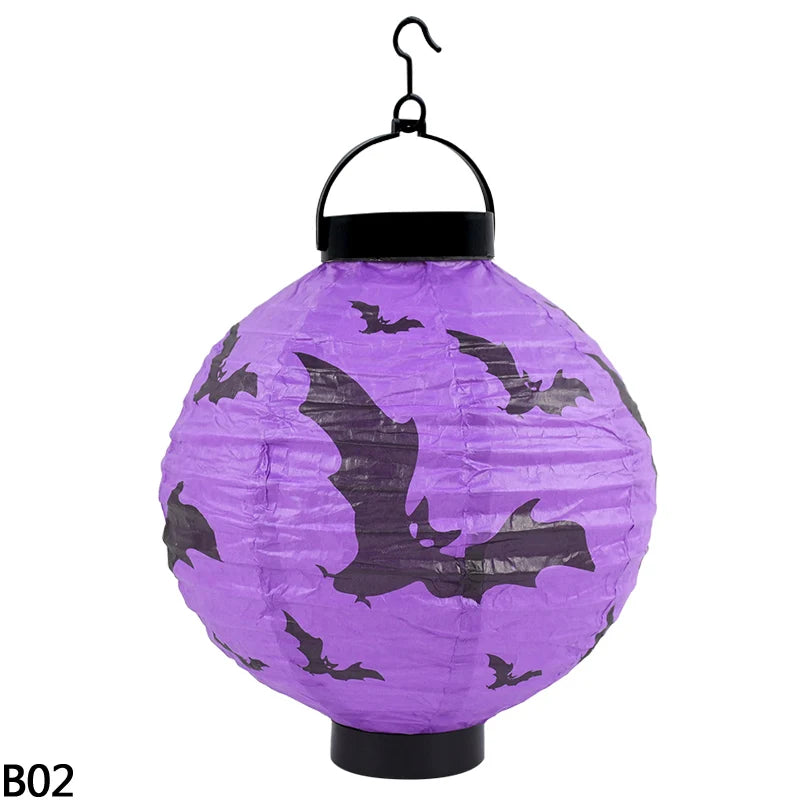 Lanterne LED en papier citrouille pour Halloween, lanterne suspendue avec impression de crâne d'araignée et de chauve-souris, décoration extérieure pour Festival, fête, maison, jardin