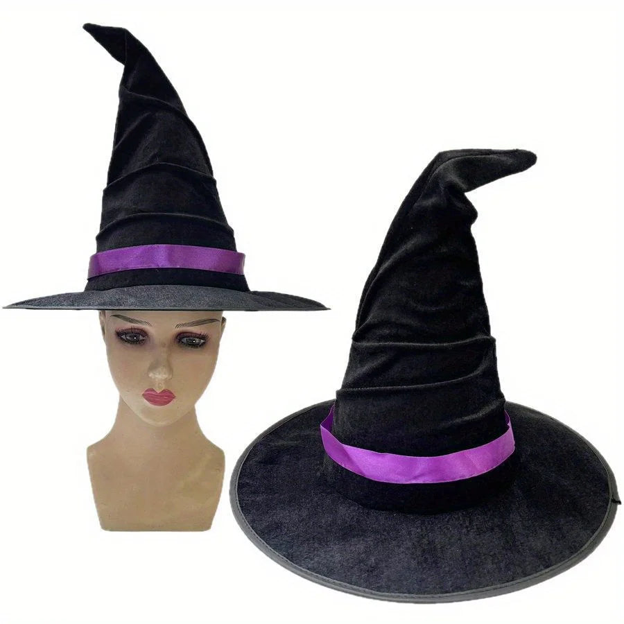 Chapeau de sorcière froissé pour Halloween, chapeau de sorcière en velours noir, costume de sorcière, accessoires de maquillage, décorations de chapeau