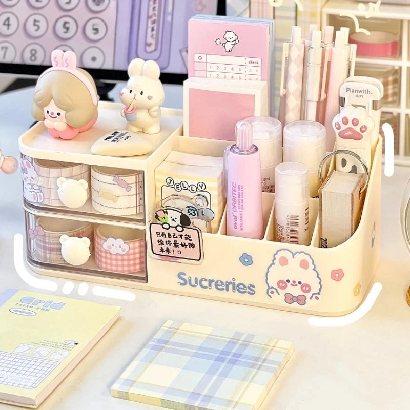 Ins Kawaii – boîte de rangement de bureau, organisateur de tiroir à poignée d'ours mignon, porte-stylos de papeterie, boîte de rangement de ruban adhésif, support organisateur