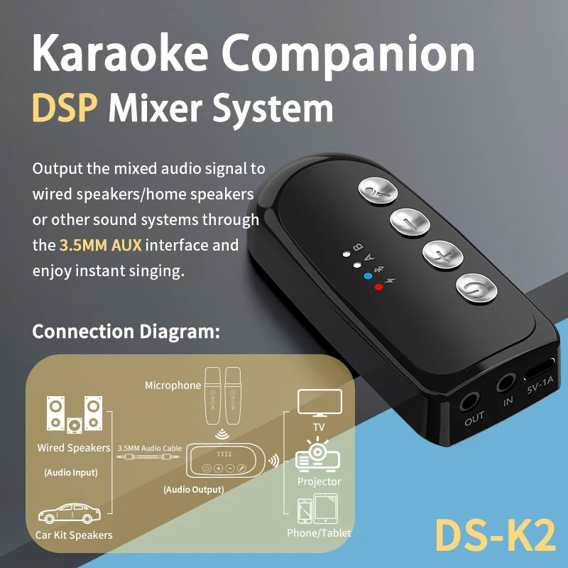 DS-K2 Karaoké Compagnon Bluetooth 5.3 Microphones dynamiques sans fil RVB Lumière colorée HIFI Stéréo DSP Système de mixage pour haut-parleur filaire Amplificateur Kit de voiture