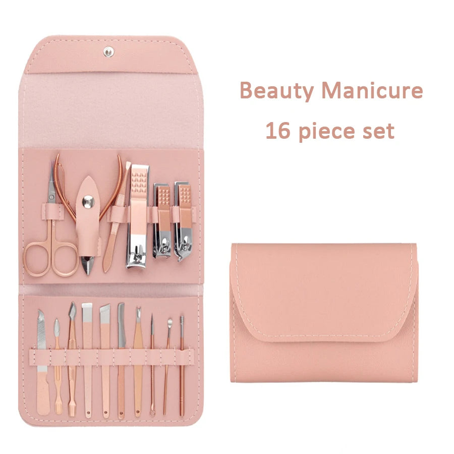 Kit de toilettage des ongles de qualité supérieure, 16 pièces, pour la maison, tondeuses en acier inoxydable, ensemble de pédicure et étui de voyage inclus, ensemble de manucure