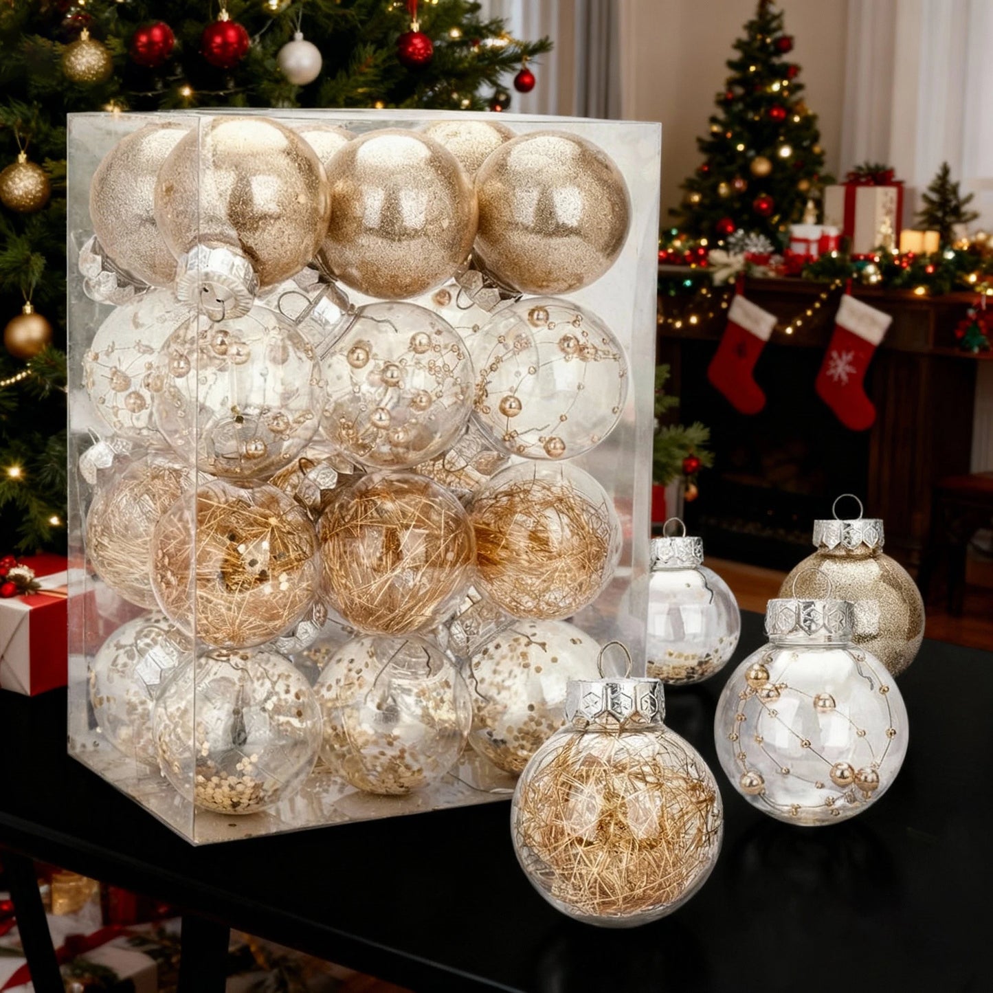 Boules décoratives de Noël transparentes en PET, 24 pièces, ornements d'arbre de Noël
