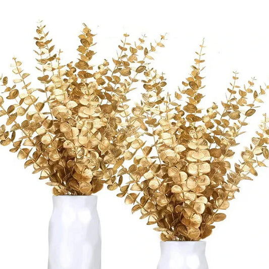 Tiges d'eucalyptus artificielles, feuilles d'or, fausses fleurs pour Arrangement Floral, Bouquets de mariage, décoration de noël, 10/20 pièces