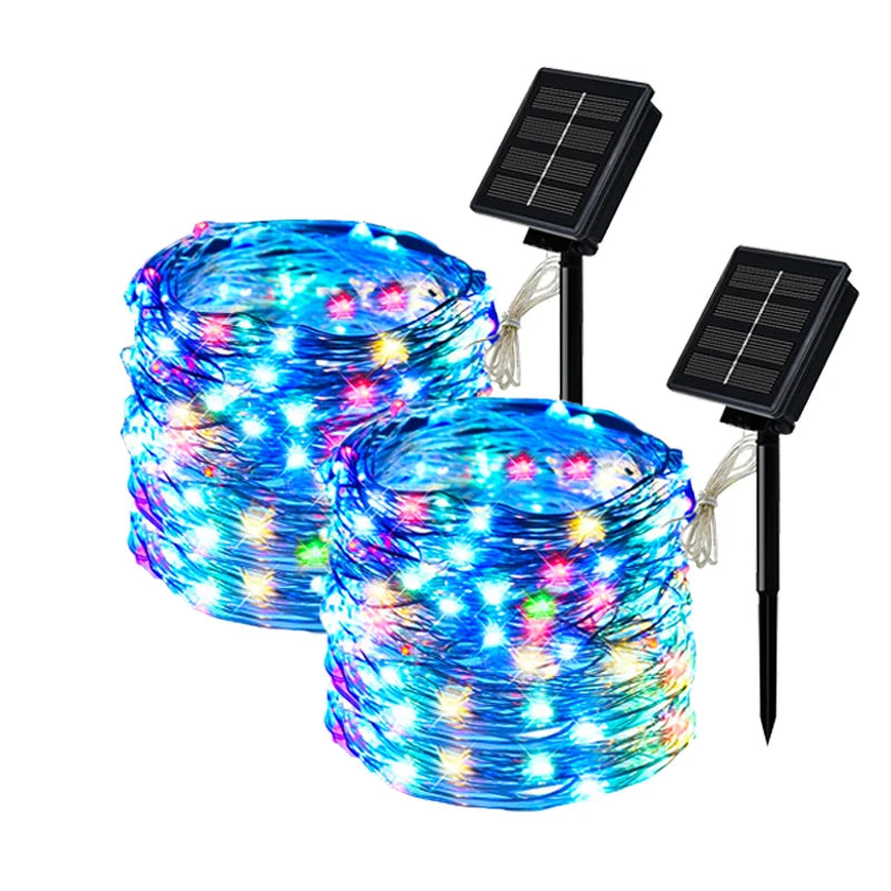 Guirlande solaire d'extérieur LED, guirlande féerique en fil de cuivre, lampe de décoration de jardin, cour, fête de noël, 8 modes