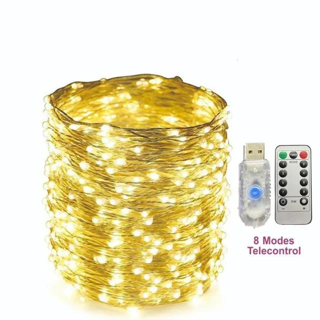 Guirlande lumineuse basse tension en fil de cuivre avec télécommande USB, 10M/20M/30M, 300Led, 8 fonctions, fil de cuivre Led de noël