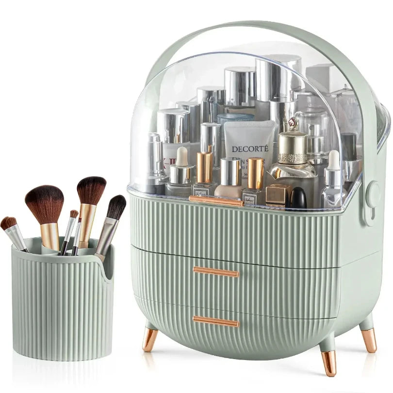 Makeup Organizer with 2 Drawers and Brush Storage Box, Cosmetic Display Case for Vanity and Bathroom Countertop Storag