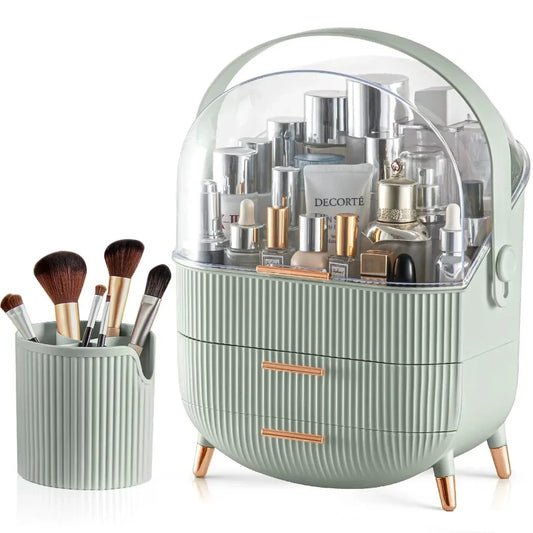 Makeup Organizer with 2 Drawers and Brush Storage Box, Cosmetic Display Case for Vanity and Bathroom Countertop Storag