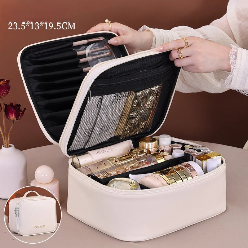 Pu Leather Fashion Women Travel Makeup Bag Tote Large Capacity Organizer Cosmetic Toiletry Pouch Luxury Double Layer Makeup Bag