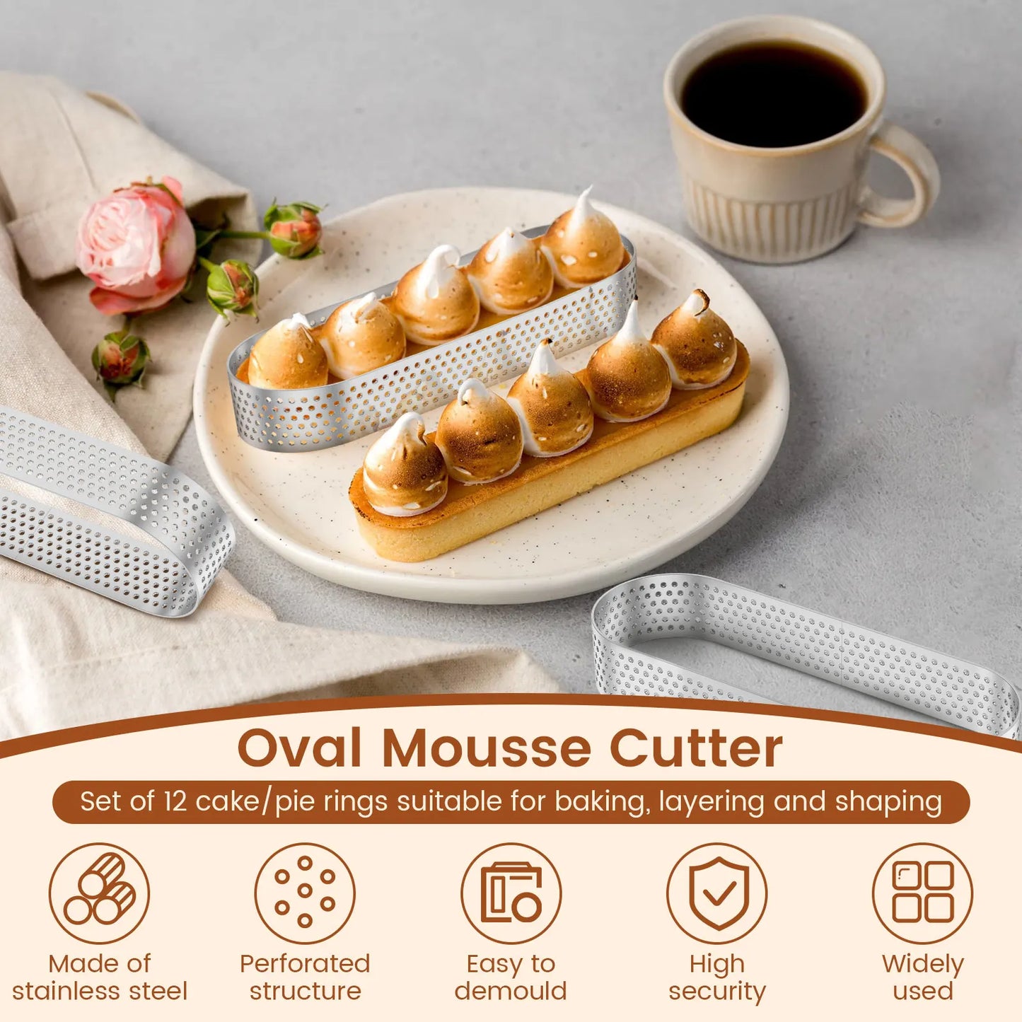 Anneaux à tarte ovales en acier inoxydable, 12 pièces, anneau à tarte poreux, moule à Mousse de gâteau perforé, coupe-biscuits, outil de moule à pâtisserie Quiche
