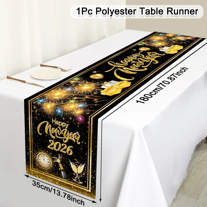 Chemin de Table bonne année 2026, feux d'artifice, Champagne, couverture de Table en Polyester pour fête du nouvel an, décorations de Table à manger