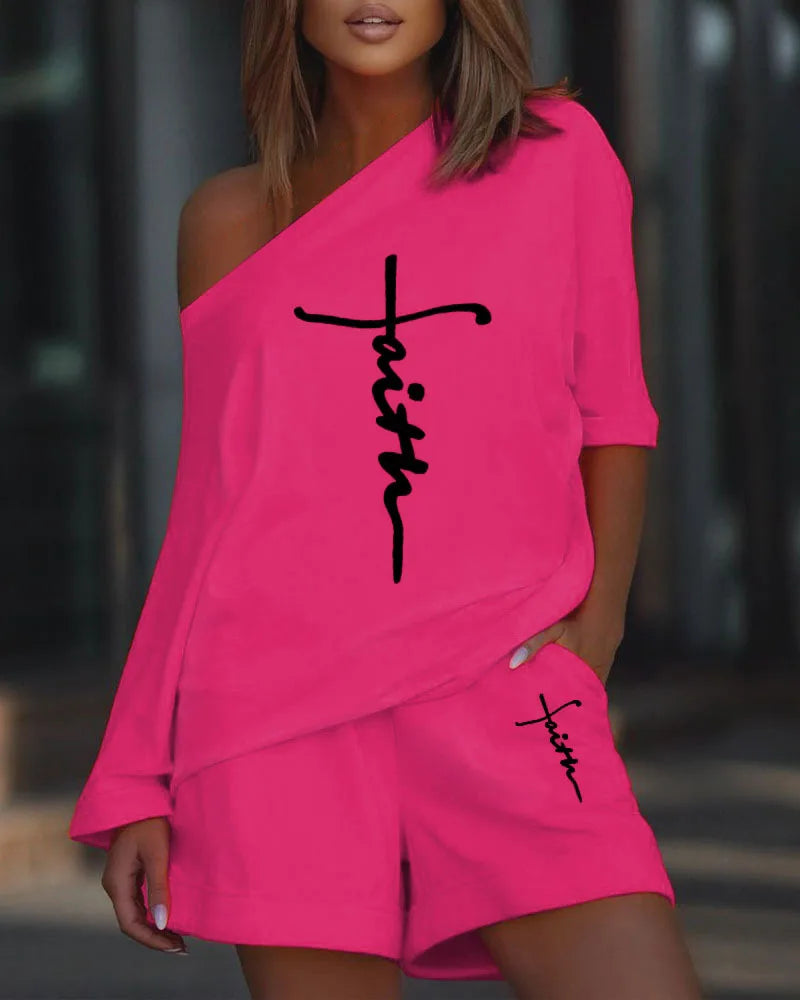 T-shirt à manches longues et col slash pour femme, short droit taille moyenne imbibé, impression adt, été, 2 pièces