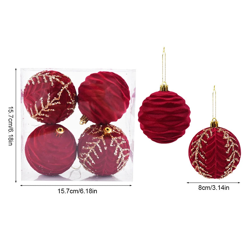 Ornements de boule de Noël rouge vin, paillettes scintillantes, velours, arbre de Noël 8cm, 4 pièces par boîte