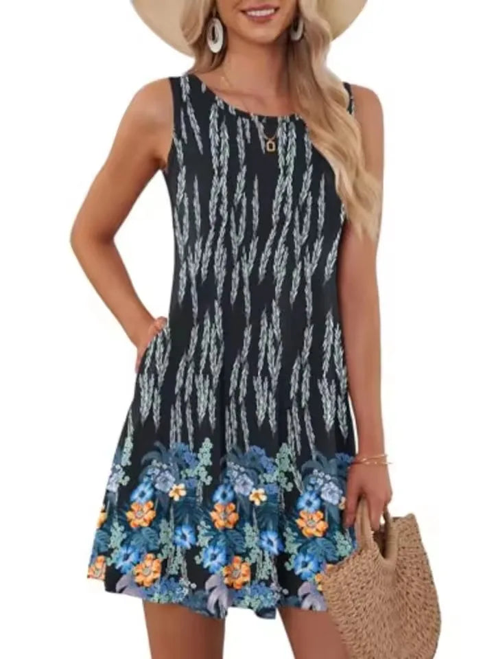 Mini robe trapèze rétro à col rond pour femmes, robes d'été pour femmes, poche en fibre, imprimé floral, glacé, précieux, décontracté